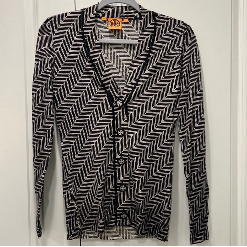 Tory Burch Black and White Chevron Cardigan